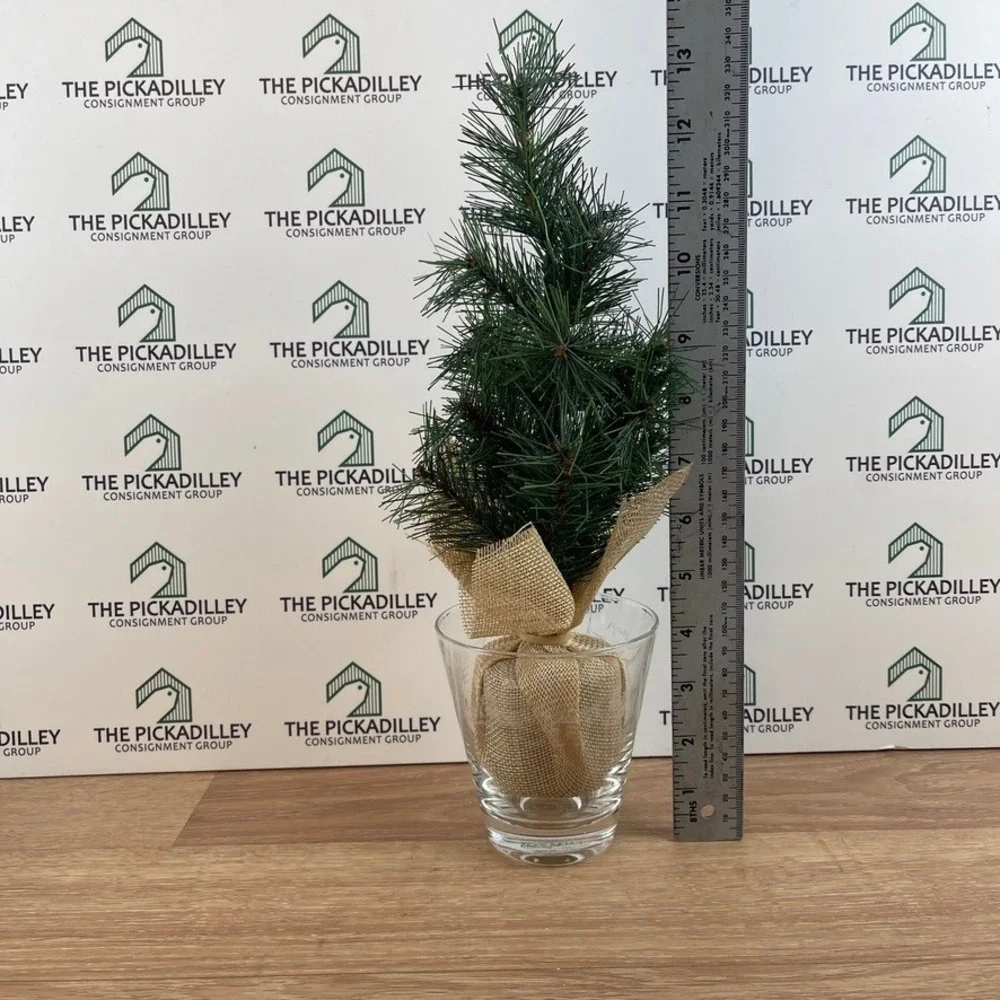 Mini Artificial Pine Tree in Glass Vase Burlap Wrapped Base Rustic Decor 13in